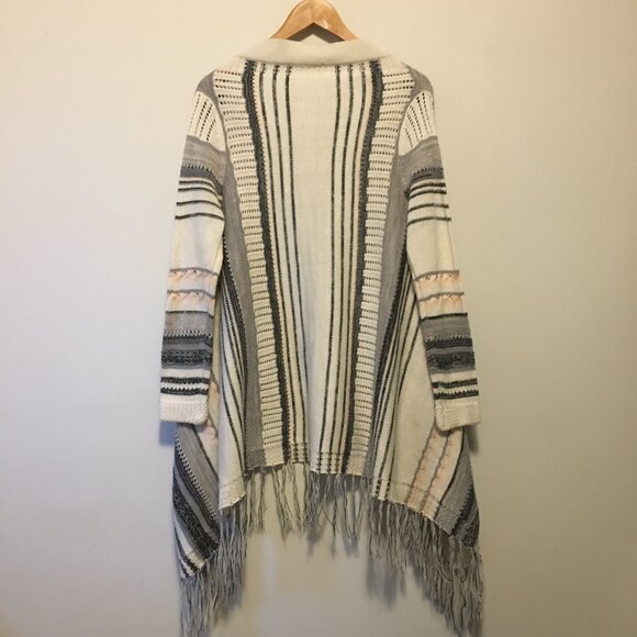 Neutral Cream, Grey, Black and Pink Arizonian Bohemian Tasseled Shawl - Picture 3 of 13